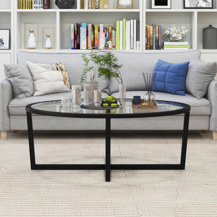 Modern Oval Coffee Table with Glass Top and Cross Base - Suitable for Living Room and Cafe