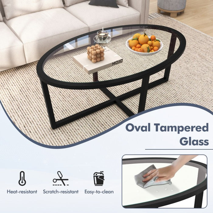Modern Oval Coffee Table with Glass Top and Cross Base - Suitable for Living Room and Cafe