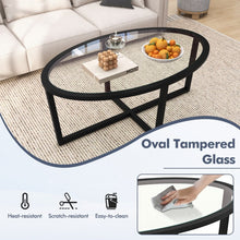 Load image into Gallery viewer, Modern Oval Coffee Table with Glass Top and Cross Base - Suitable for Living Room and Cafe
