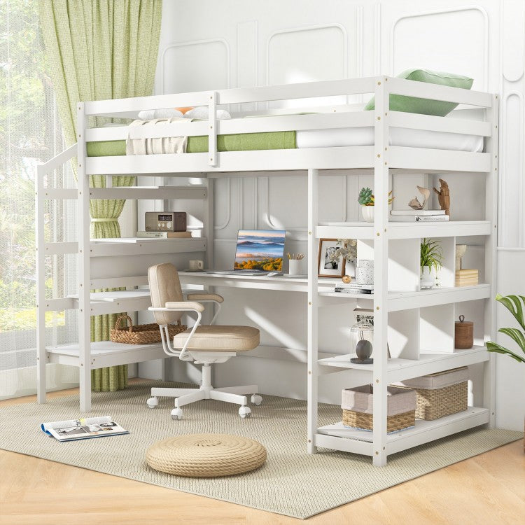White Loft Bed with Storage and Stairs