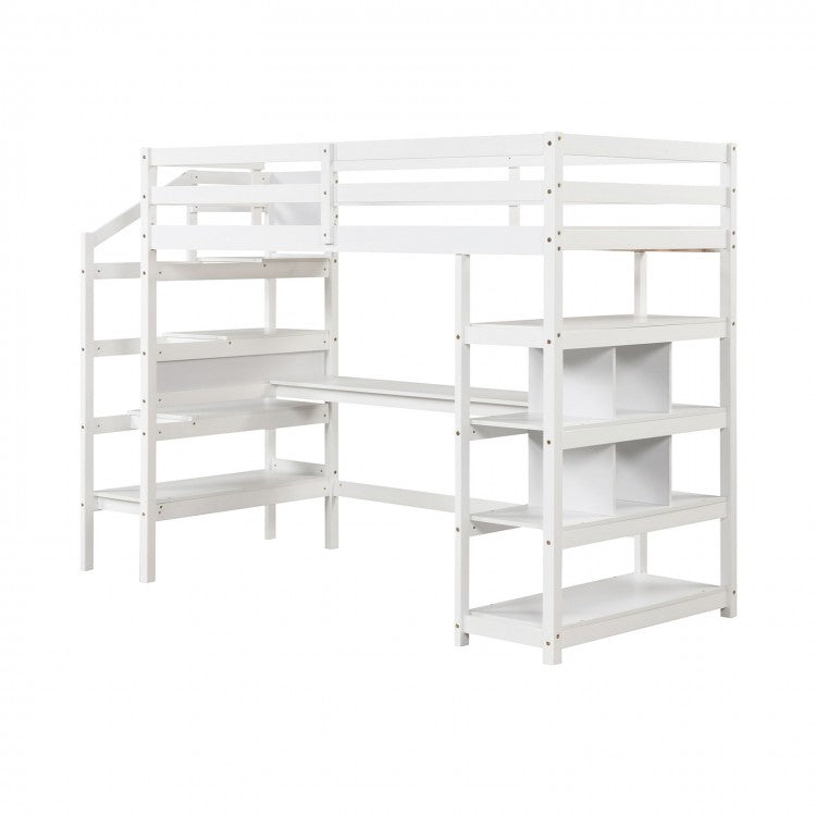 White Loft Bed with Storage and Stairs