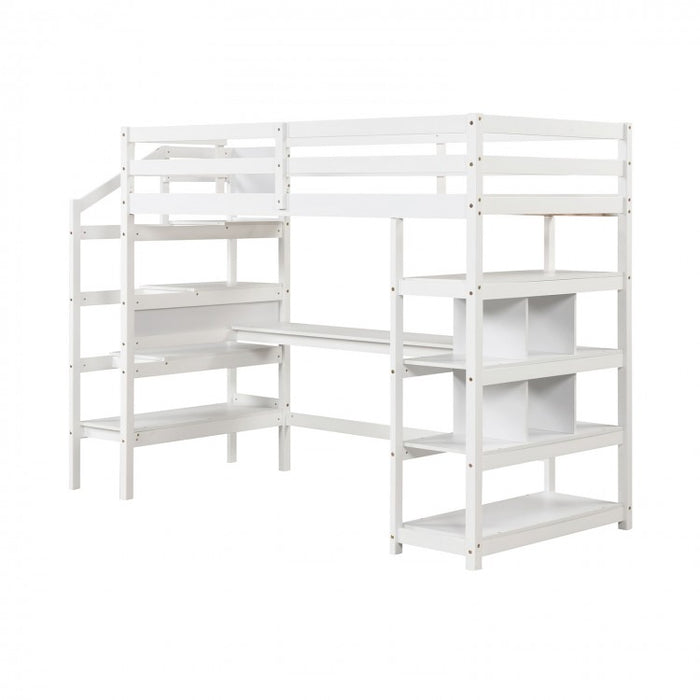 White Loft Bed with Storage and Stairs