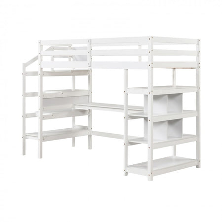 White Loft Bed with Storage and Stairs