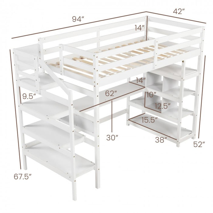 White Loft Bed with Storage and Stairs