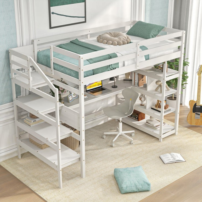 White Loft Bed with Storage and Stairs