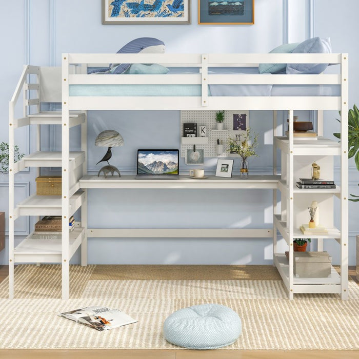 White Loft Bed with Storage and Stairs