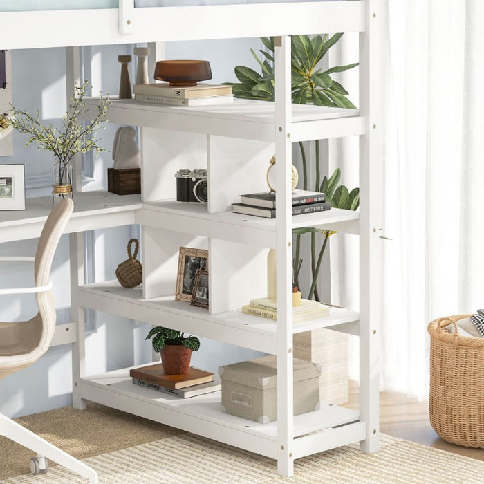 White Loft Bed with Storage and Stairs