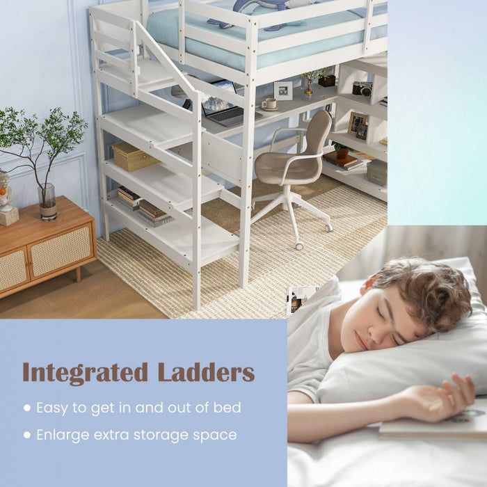 White Loft Bed with Storage and Stairs