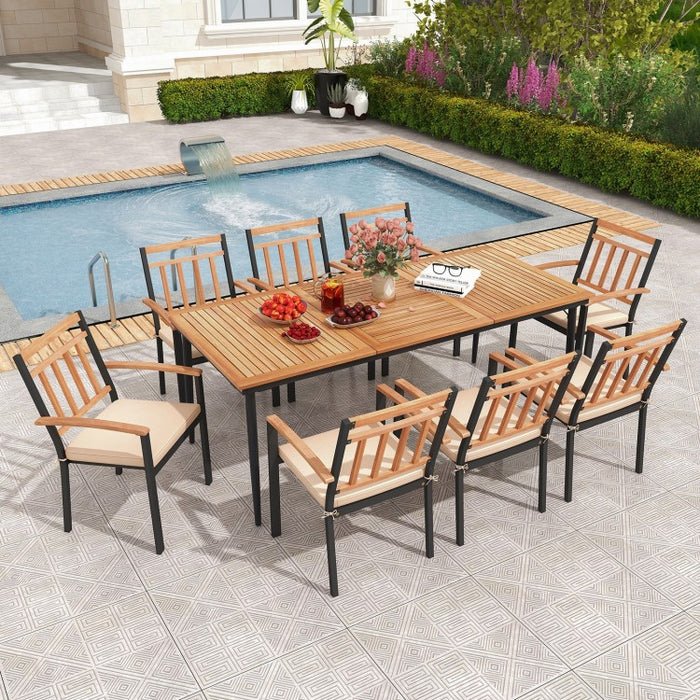 Modern Minimalist 9-Piece Wooden Patio Dining Table and Chair Set