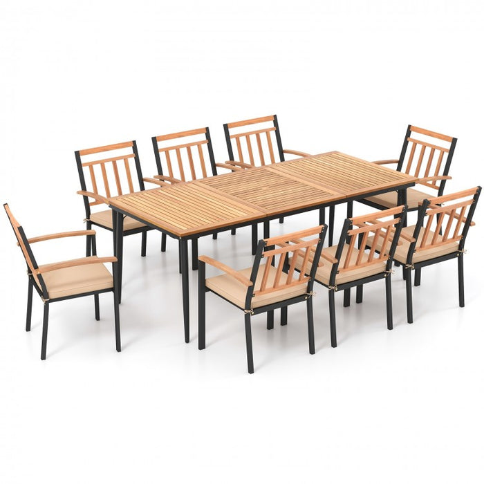 Modern Minimalist 9-Piece Wooden Patio Dining Table and Chair Set