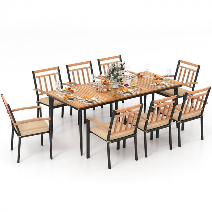 Modern Minimalist 9-Piece Wooden Patio Dining Table and Chair Set