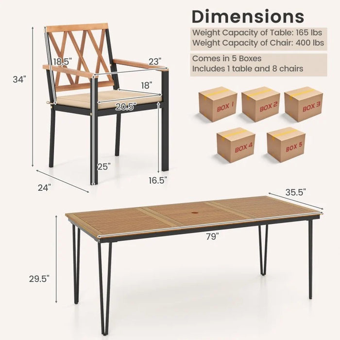 Outdoor Patio Dining Room Table Set - 9-Piece Set with Rectangular Table and 8 Chairs - Suitable for Backyard Gatherings