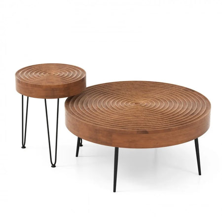 Costway Industrial Style Round Wooden Coffee Table Set of 2 - Suitable for Living Room and Cafe