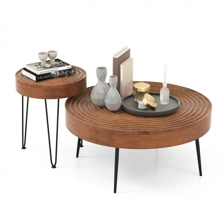 Costway Industrial Style Round Wooden Coffee Table Set of 2 - Suitable for Living Room and Cafe