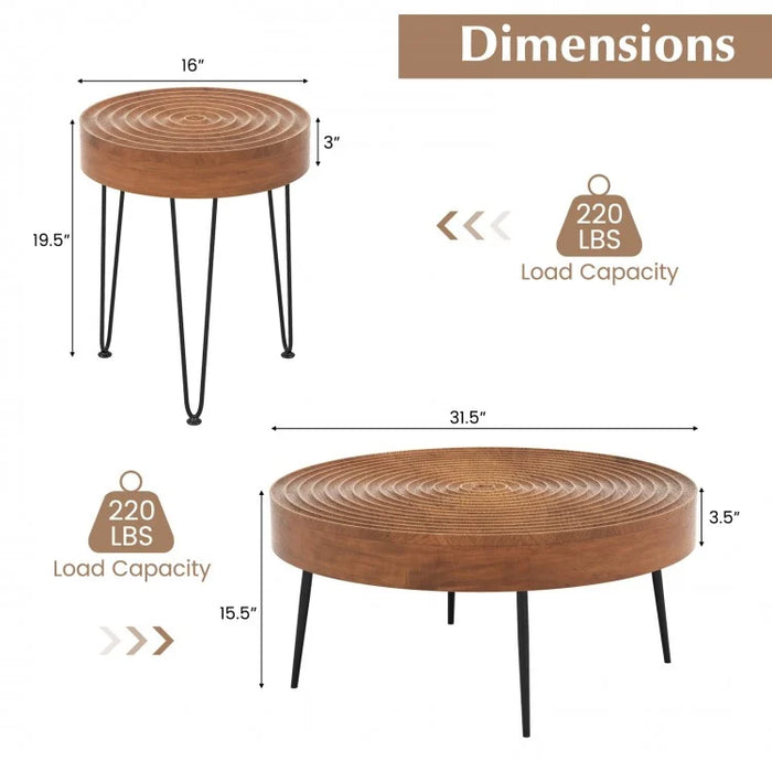Costway Industrial Style Round Wooden Coffee Table Set of 2 - Suitable for Living Room and Cafe
