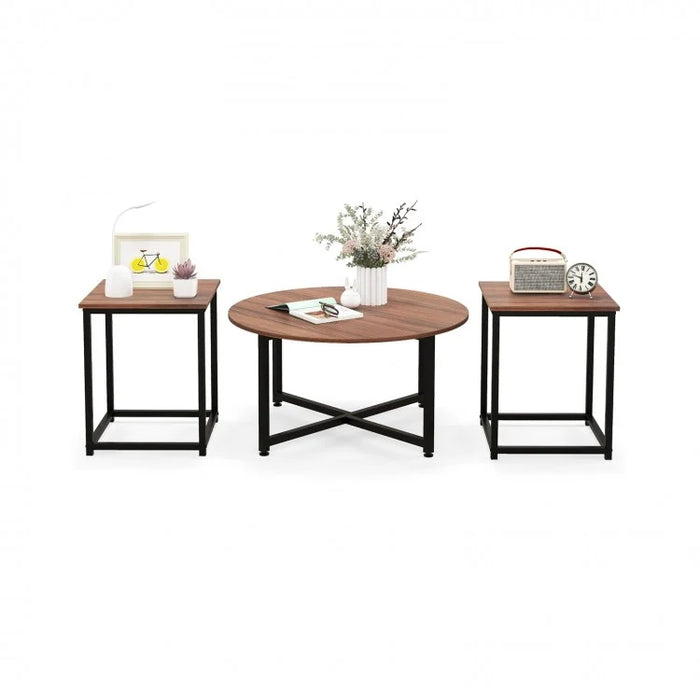 Costway Modern Round Dining Room Table Set of 3 with Square Side Table - Suitable for Living Room and Cafe