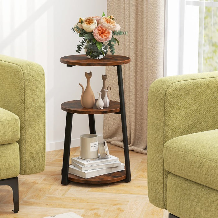 Costway Industrial Style Round Side Table with Three-Tier Storage - Suitable for Living Room, Café, and Sofa Side