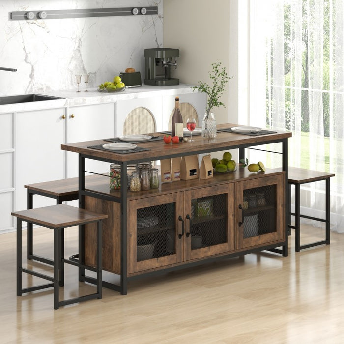 Industrial Style Kitchen Island Set - 4-Piece Set with Built-in 2 Stools, 1 Bench, and Storage Cabinet - Suitable for Kitchen and Restaurant