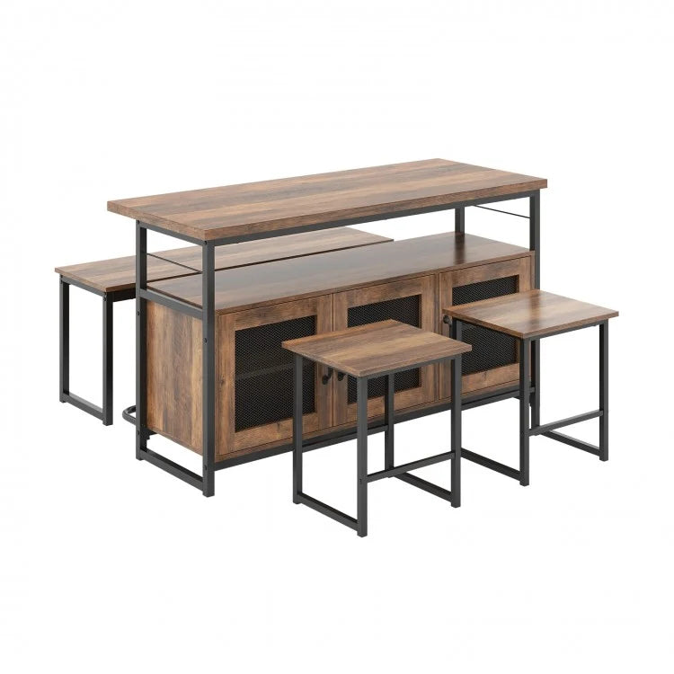 Industrial Style Kitchen Island Set - 4-Piece Set with Built-in 2 Stools, 1 Bench, and Storage Cabinet - Suitable for Kitchen and Restaurant