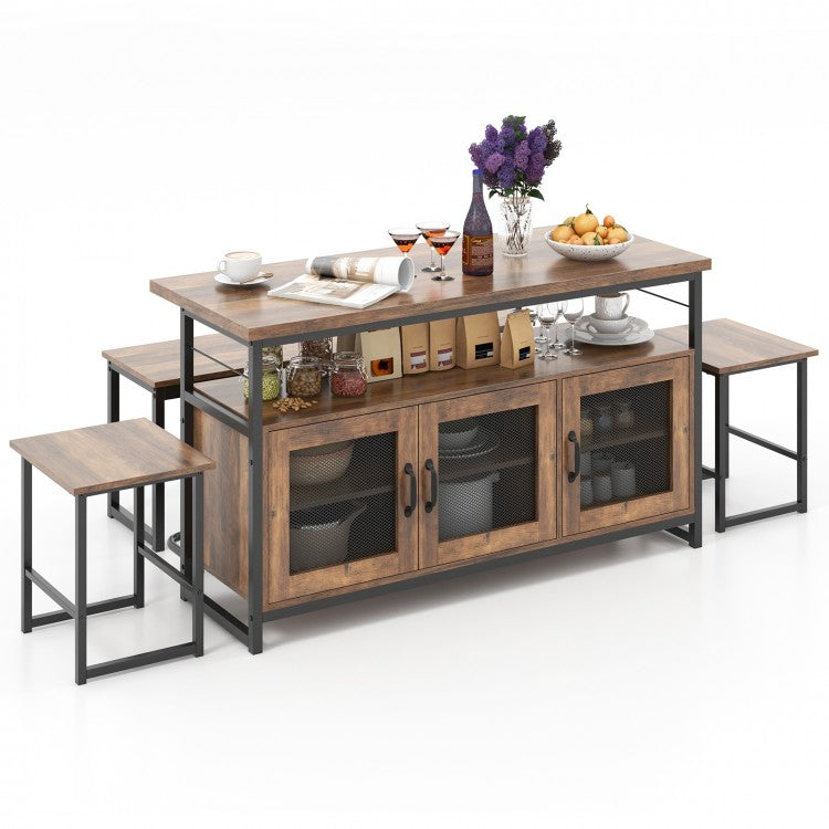 Industrial Style Kitchen Island Set - 4-Piece Set with Built-in 2 Stools, 1 Bench, and Storage Cabinet - Suitable for Kitchen and Restaurant