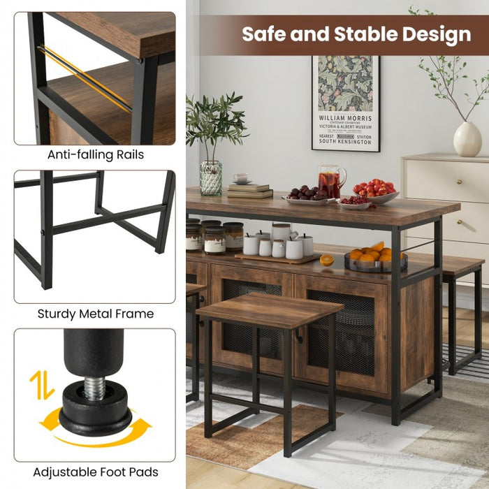 Industrial Style Kitchen Island Set - 4-Piece Set with Built-in 2 Stools, 1 Bench, and Storage Cabinet - Suitable for Kitchen and Restaurant