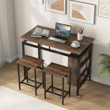 Load image into Gallery viewer, Industrial Style Dining Room Table and Bench Set - 3-Piece Set with 3-Tier Storage Rack and 2 Bar Stools - Suitable for Kitchen, Restaurant, and Small Tavern
