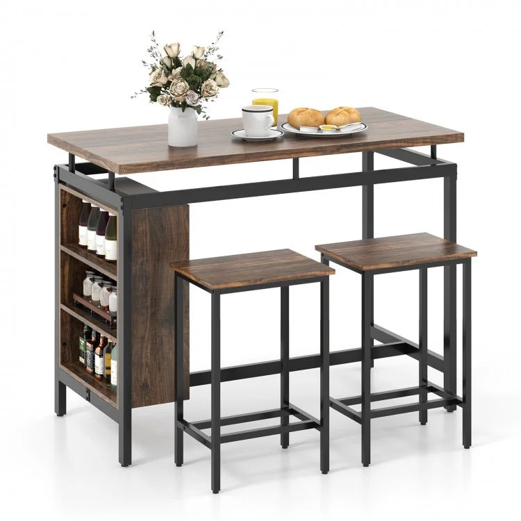 Industrial Style Dining Room Table and Bench Set - 3-Piece Set with 3-Tier Storage Rack and 2 Bar Stools - Suitable for Kitchen, Restaurant, and Small Tavern