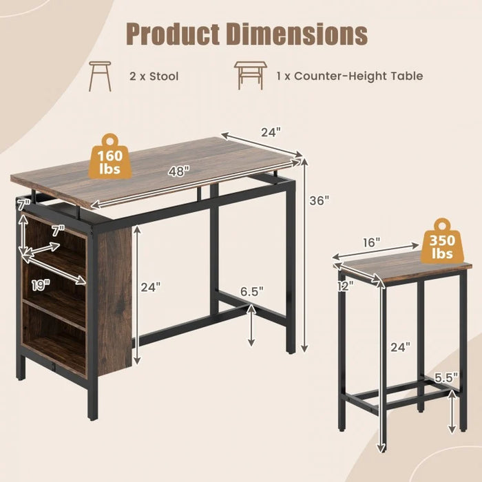 Industrial Style Dining Room Table and Bench Set - 3-Piece Set with 3-Tier Storage Rack and 2 Bar Stools - Suitable for Kitchen, Restaurant, and Small Tavern