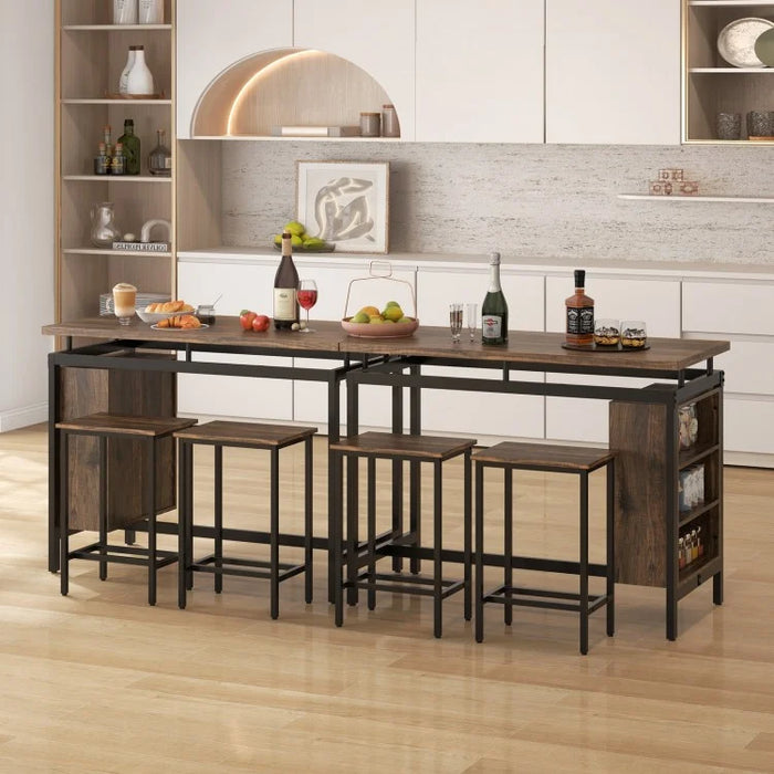 Industrial Style Dining Room Table and Bench Set - 3-Piece Set with 3-Tier Storage Rack and 2 Bar Stools - Suitable for Kitchen, Restaurant, and Small Tavern