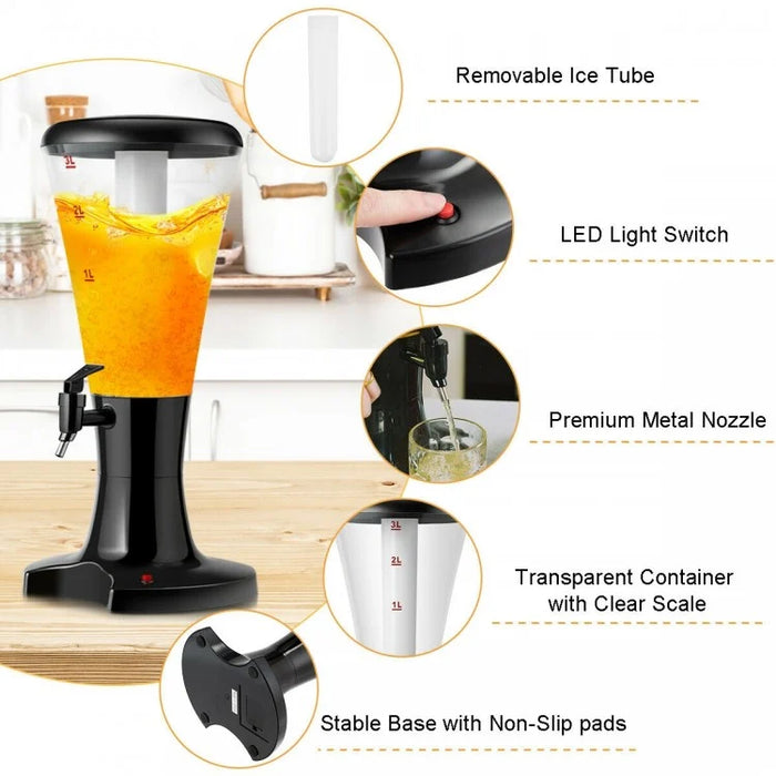 Black Portable 3L Beer Tower Dispenser with LED Lights - Ideal for Kitchen and Holiday Parties