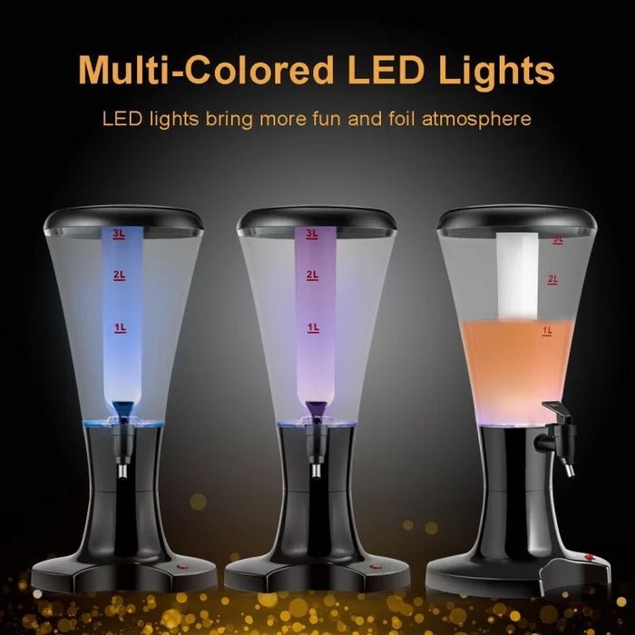 Black Portable 3L Beer Tower Dispenser with LED Lights - Ideal for Kitchen and Holiday Parties