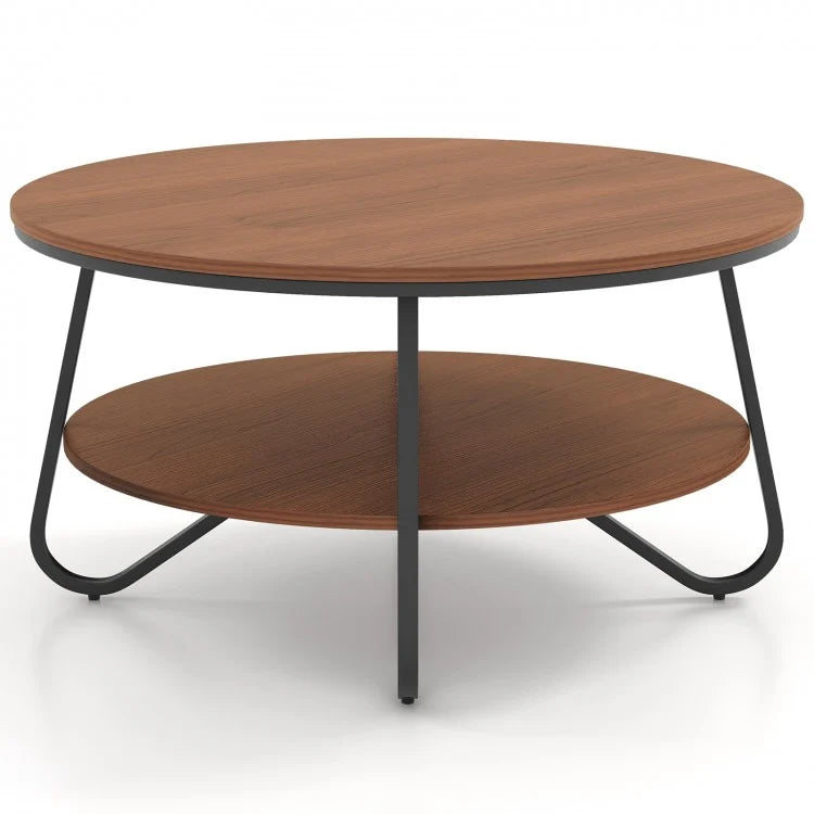 Costway 2-Tier Round Coffee Table with Storage Space and Metal Frame - Suitable for Living Room and Office