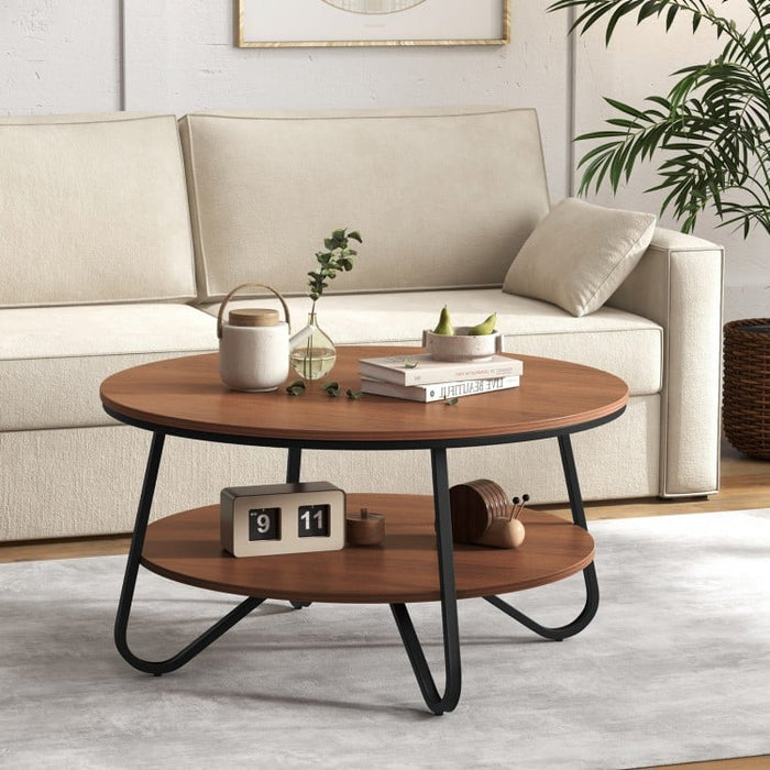 Costway 2-Tier Round Coffee Table with Storage Space and Metal Frame - Suitable for Living Room and Office