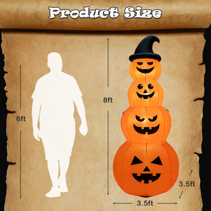 8-Foot Halloween Inflatable Pumpkin with Witch Hat and LED Lights - Suitable for Halloween Decorations