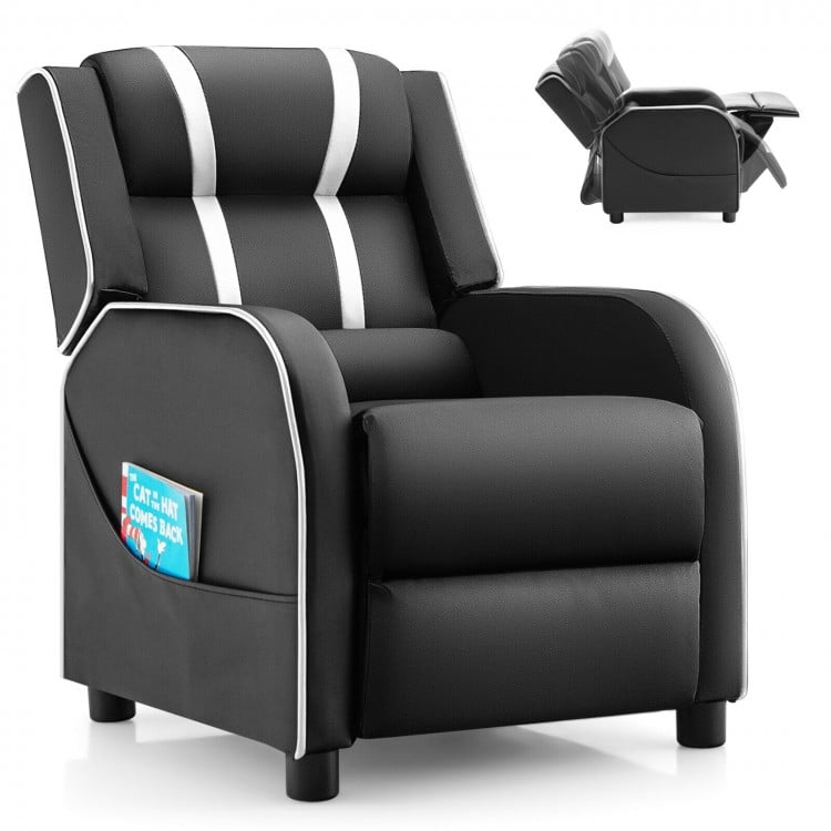Costway Genuine Leather Couch Recliner Chair for Kids with Side Pockets and Footrest - Suitable for Bedroom and Playroom