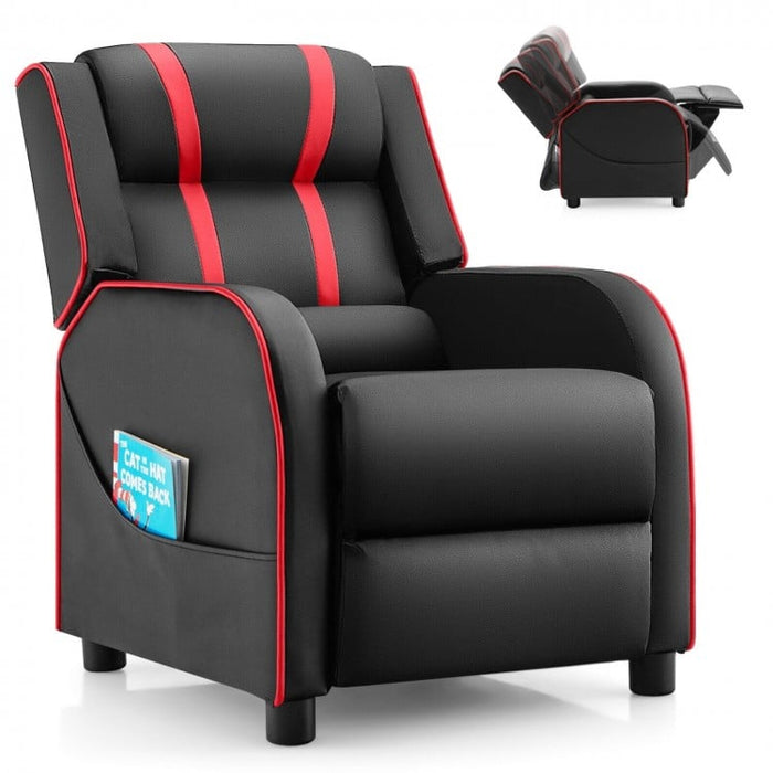 Costway Genuine Leather Couch Recliner Chair for Kids with Side Pockets and Footrest - Suitable for Bedroom and Playroom