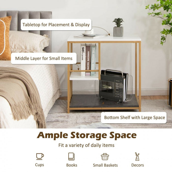 Costway Modern Minimalist Bed Side Tables with Marble Top - 3-Tier Storage Side Table Suitable for Bedroom and Living Room