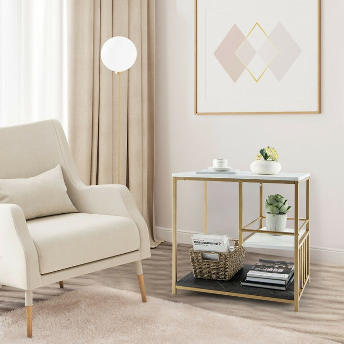 Costway Modern Minimalist Bed Side Tables with Marble Top - 3-Tier Storage Side Table Suitable for Bedroom and Living Room
