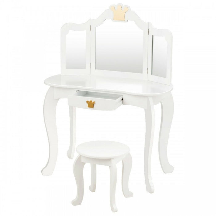 Bedroom Children's 3-Fold Mirror Vanity Dressing Table with Stool