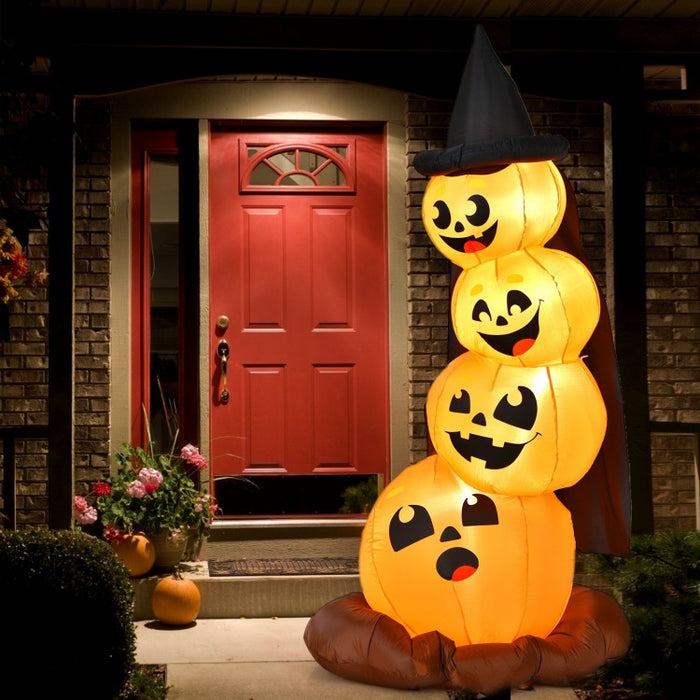 Costway Halloween Inflatable Pumpkin Set with Witch Hat and LED Lights - Suitable for Holiday Parties and Haunted Houses