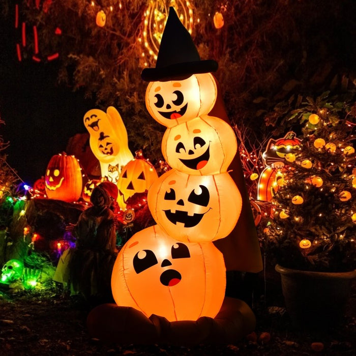 Costway Halloween Inflatable Pumpkin Set with Witch Hat and LED Lights - Suitable for Holiday Parties and Haunted Houses