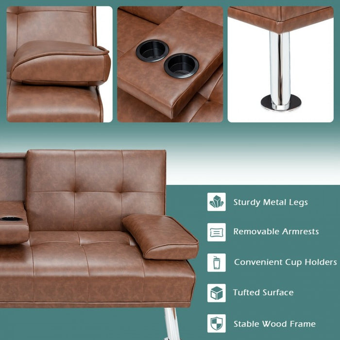 Living Room Convertible 2-Seater Sofa Bed with Hidden Cup Holders