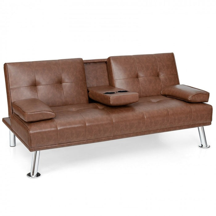 Living Room Convertible 2-Seater Sofa Bed with Hidden Cup Holders