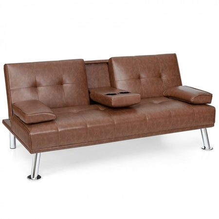 Living Room Convertible 2-Seater Sofa Bed with Hidden Cup Holders