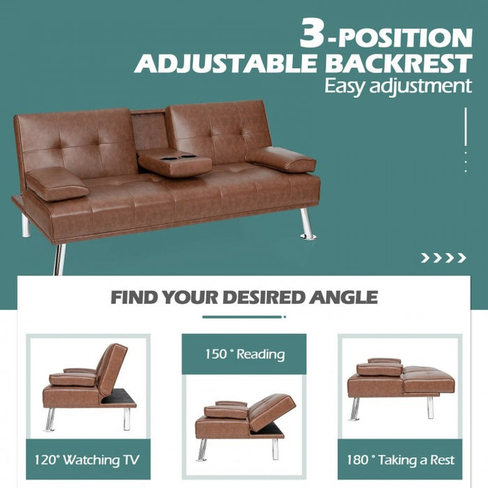 Living Room Convertible 2-Seater Sofa Bed with Hidden Cup Holders