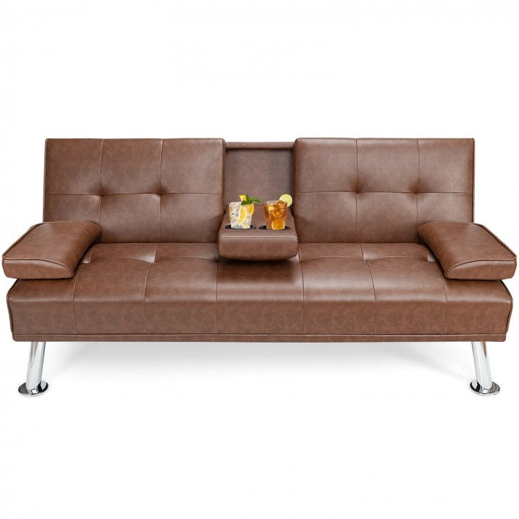 Living Room Convertible 2-Seater Sofa Bed with Hidden Cup Holders