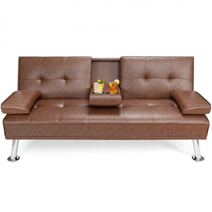 Living Room Convertible 2-Seater Sofa Bed with Hidden Cup Holders