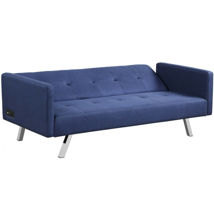 Costway Modern Blue Futon Bed Sofa Beds - 3-Seater with USB Power Outlet
