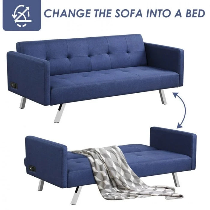 Costway Modern Blue Futon Bed Sofa Beds - 3-Seater with USB Power Outlet