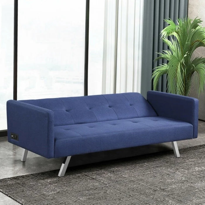 Costway Modern Blue Futon Bed Sofa Beds - 3-Seater with USB Power Outlet